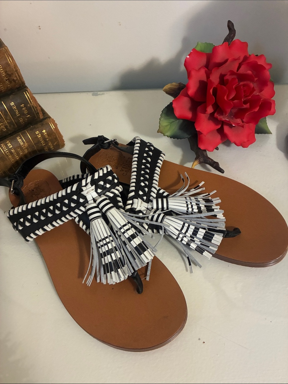 Vince Camuto Black & White Tassel Leather Sandals - Women Size 7
